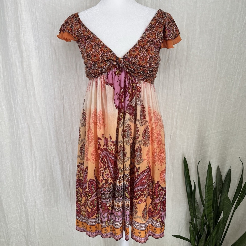 Vintage Y2K Babydoll Dress S Boho Fairy Paisley Flutter Sleeves